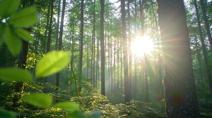 Poster - Sun rays shining through the lush green forest creating a magical morning atmosphere : Generative AI