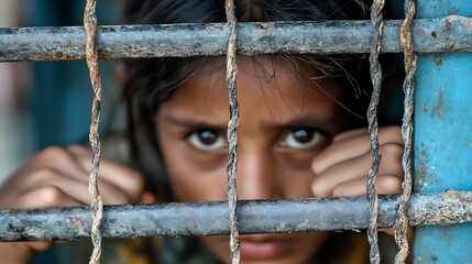 Aufkleber - CloseUp of a Young Girl's Eyes Full of Emotion Behind Metal Bars of a Cage : Generative AI