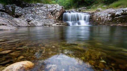 Poster - Serene picturesque waterfall cascading into a tranquil pool surrounded by rocky terrain : Generative AI