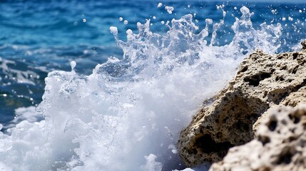 Poster - Dynamic ocean waves crashing against rugged rocks producing a stunning water splash : Generative AI