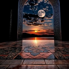 Wall Mural - Sunset and Moonrise View Through Archway