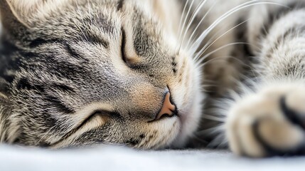 Poster - Adorable sleeping tabby cat resting peacefully on a soft surface with its eyes closed and whiskers visible : Generative AI