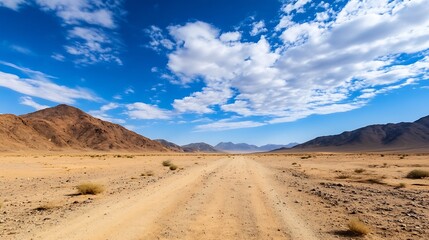 Poster - Stunning view of a barren desert road winding through mountains under a bright blue sky : Generative AI