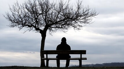 Aufkleber - Lonely figure sitting on a bench under a sparse tree against a cloudy sky : Generative AI