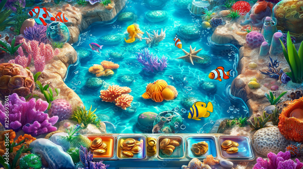 Arcade game level, cartoon underwater landscape vector backgrounds with ...