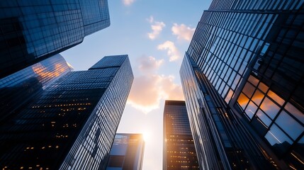 Wall Mural - Skyscrapers reaching towards a stunning evening skyline with clouds at sunset : Generative AI