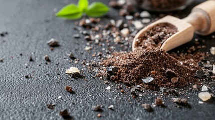 Poster - Natural coarse sea salt and fine black salt displayed on dark stone surface with wooden scoop : Generative AI