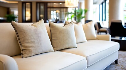 Leinwandbilder - Luxurious cream sofa with plush pillows inviting comfort in a spacious elegant living area : Generative AI