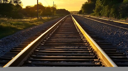 Aufkleber - Serene railway tracks stretching into the distance with a golden sunset illuminating the tranquil landscape : Generative AI