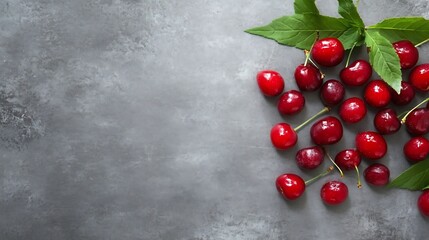Aufkleber - Fresh cherries on gray background with green leaves visually appealing texture for healthy food : Generative AI
