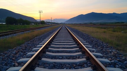 Aufkleber - Tranquil railway tracks leading towards distant mountains at sunset presenting a peaceful journey : Generative AI