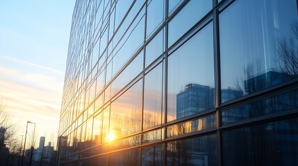 Wall Mural - Beautiful Sunset Reflected on the Modern Glass Facades of a City Building Creating a Stunning View : Generative AI