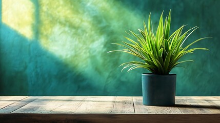 Canvas Print - Green plant in a pot on a wooden table against a teal wall with sunlight.