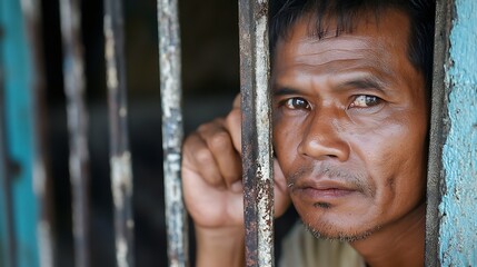 Poster - Portrait of a thoughtful man gazing through prison bars reflecting deeper emotions and untold stories : Generative AI