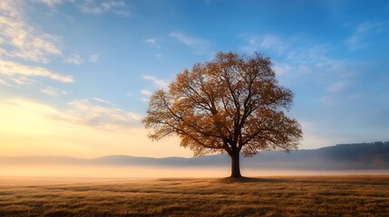 Poster - Stunning Autumn Tree Standing Alone in a Vast Field Under a Beautifully Colored Sky : Generative AI