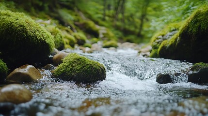 Wall Mural - A serene closeup view of a crystal clear stream flowing through lush green mossy rocks : Generative AI