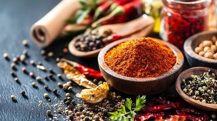 Poster - Colorful array of spices arranged in bowls showcasing culinary diversity and flavors : Generative AI