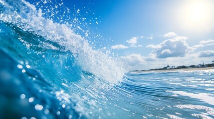 Aufkleber - Dramatic ocean wave crashing against the shore under a brilliant blue sky creating an energetic scene : Generative AI