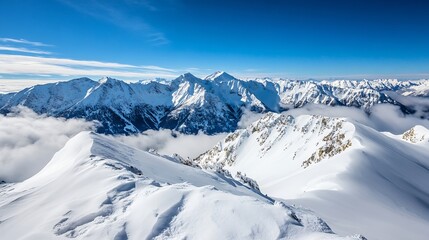 Wall Mural - Panoramic view of majestic snowcapped mountains under a vibrant blue sky capturing nature's grandeur : Generative AI