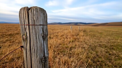Poster - Weathered wooden fence post in an expansive rural landscape under a cloudy sky : Generative AI