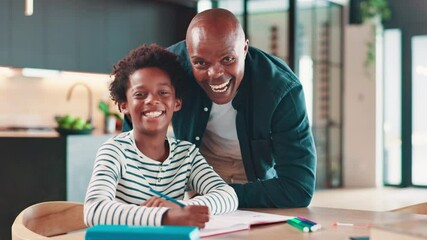 Aufkleber - Face, dad and child at table with homework for growth, development and happy support in education. Learning, father and boy kid in kitchen for homeschool, creative study activity and portrait in home