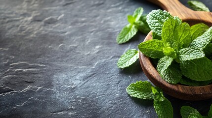 Poster - Fresh and Aromatic Mint Leaves in a Wooden Bowl on a Dark Stone Surface : Generative AI