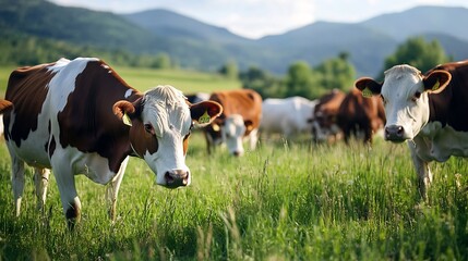 Poster - A herd of cows grazing peacefully in a beautiful green meadow under a clear blue sky : Generative AI
