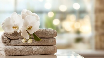 Aufkleber - Tranquil spa setting featuring fluffy towels and elegant white orchids in soft light : Generative AI