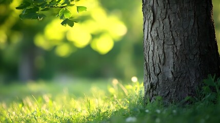 Fototapete - Close up of a majestic tree trunk surrounded by soft green grass in a serene outdoor setting : Generative AI