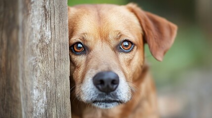 Poster - Thoughtful Brown Dog with Sad Eyes Leaning Against a Weathered Wood Post in Nature : Generative AI