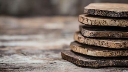 Fototapete - Stacked wooden coasters with natural textures arranged on a rustic wooden table : Generative AI