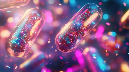 Poster - Colorful Microscopic Capsules: A Vibrant Exploration of Medicine and Science