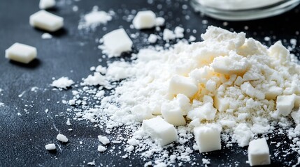 Poster - Close up view of white sugar cubes and free flowing powdered sugar on a dark surface showcasing sweet ingredients : Generative AI