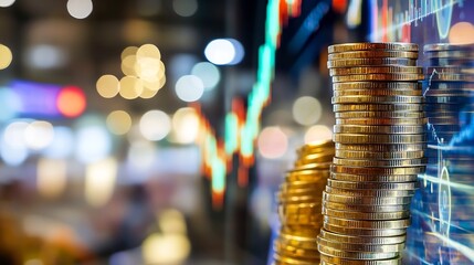 Aufkleber - Piles of coins stacked against a blurred financial market background showing growth and investment opportunities : Generative AI