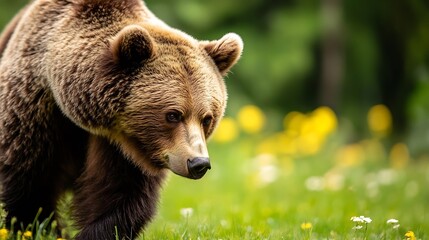 Poster - A majestic brown bear walking gracefully in a lush green meadow filled with colorful wildflowers : Generative AI