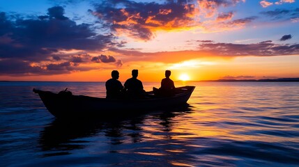 Poster - Silhouettes of three individuals sitting in a boat enjoying a romantic sunset over still water creating a peaceful atmosphere : Generative AI