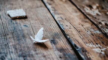 Fototapete - Aerial View of White Feather on Rustic Wooden Floor with Warm Earthy Tones : Generative AI