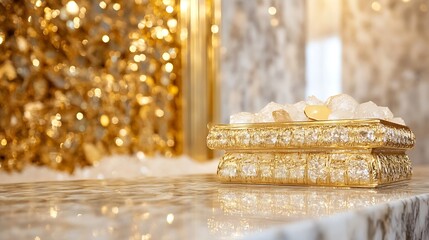 Leinwandbilder - Elegant gold box filled with ice surrounded by a lavish golden backdrop representing luxury decor : Generative AI
