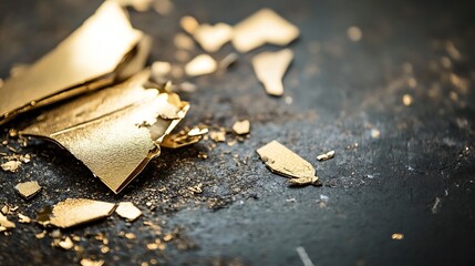 Poster - Shiny gold leaf fragments scattered on dark surface for art or design : Generative AI