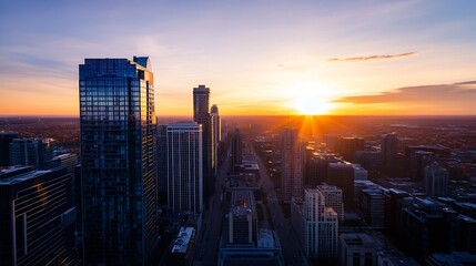 Poster - Stunning Sunset Over a Modern City Skyline Showcasing Urban Architecture and Natural Beauty : Generative AI