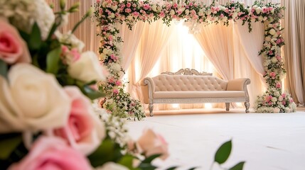 Poster - An elegant wedding setup featuring a beautifully decorated floral backdrop and a luxurious white couch : Generative AI
