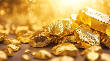 Aufkleber - Glistening gold nuggets and gold bars shining brightly with an ethereal glow in a wealth setting : Generative AI