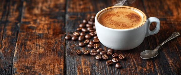 Hot Coffee In White Cup On Dark Wooden Table