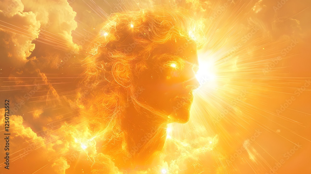 100. A glowing depiction of Helios surrounded by glowing light rays on ...