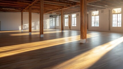 Wall Mural - Spacious Empty Room with Wooden Floors and Sunlight Streaming Through Large Windows : Generative AI