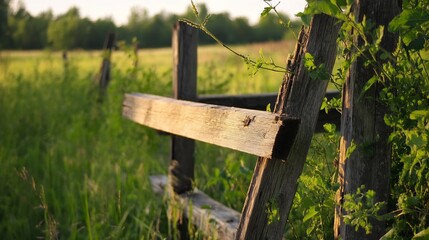 Poster - Old wooden fence post surrounded by lush greenery in a serene countryside setting : Generative AI