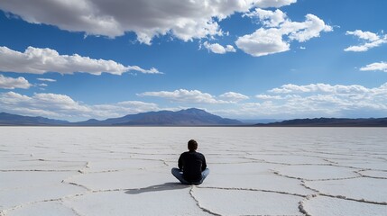 Aufkleber - Man sitting quietly on dry salt flat beneath a dramatic sky offering a moment of reflection and solitude : Generative AI