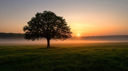 Poster - Majestic solitary tree standing in a vibrant meadow during a serene sunrise with mist settling over the grass : Generative AI
