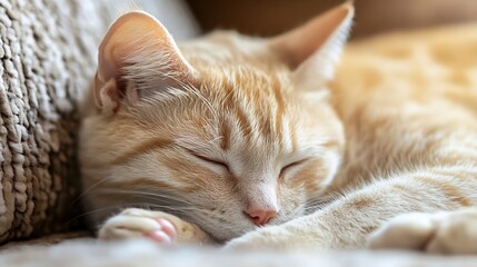 Poster - Cute ginger cat sleeping peacefully on a comfortable couch illustrating relaxation and pet enjoyment : Generative AI