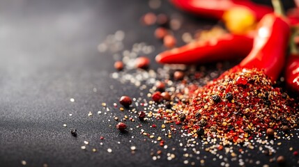 Poster - Close up of vibrant red chili peppers with assorted spices on a dark surface in a culinary setting : Generative AI